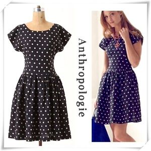 ANTHROPOLOGIE Lili's Closet Dropped Dots Linen Ruffled Mini Dress Navy Blue Sz 0